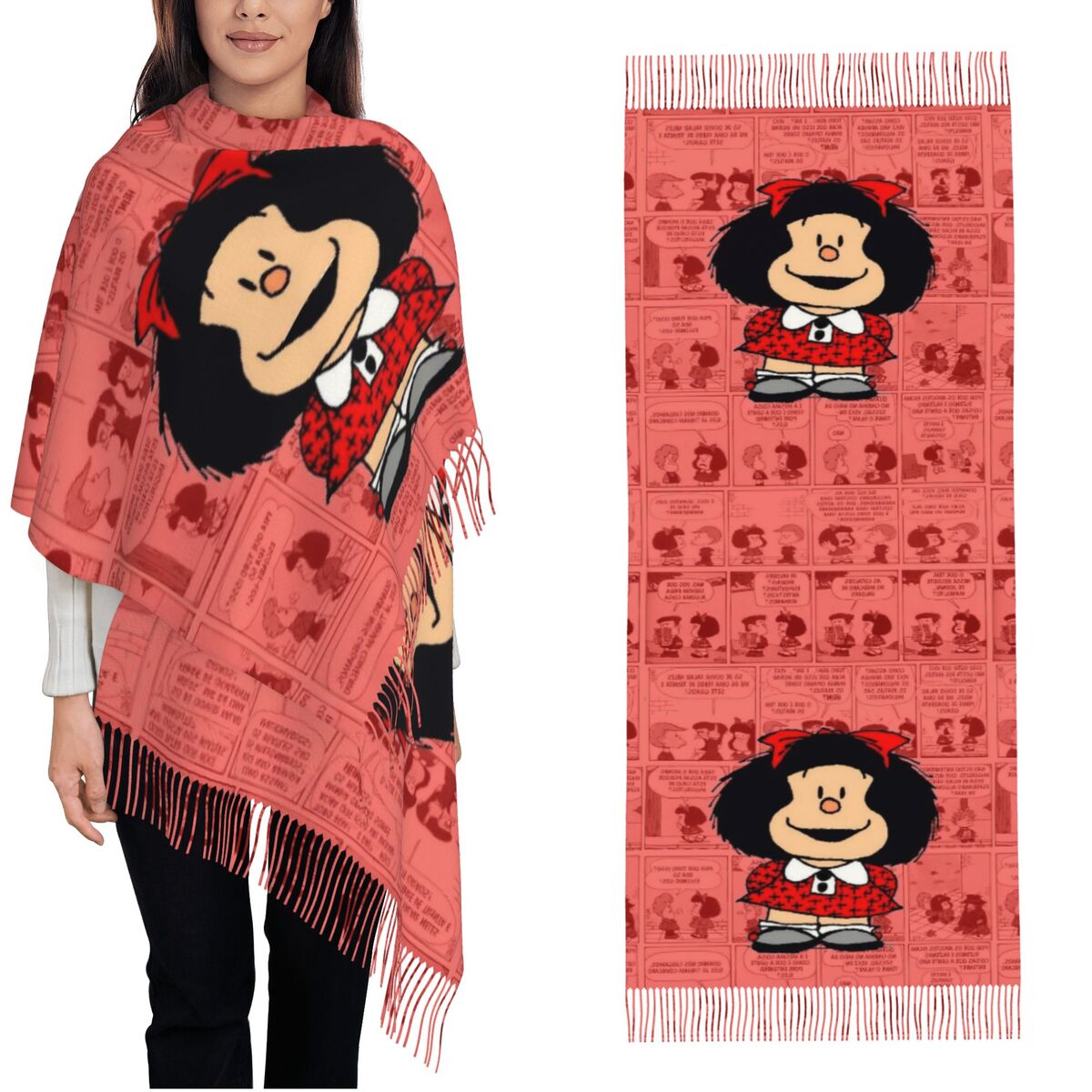 Pashmina Wrap Large - Kadın Püsküllü Eşarp Mafaldas Karikatür Büyük
